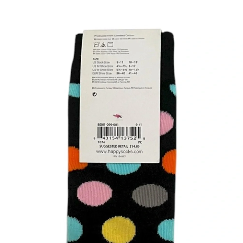 Happy Socks Polka Dot Crew Socks Black Multicolor Size‎ 9-11 New